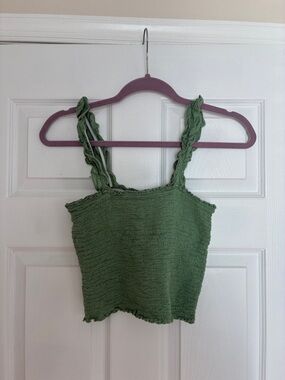 Aerie Size Small Green Smocked Ruffle-Strap Crop Top